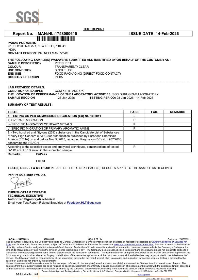 SGS PET migration and REACH test report preview