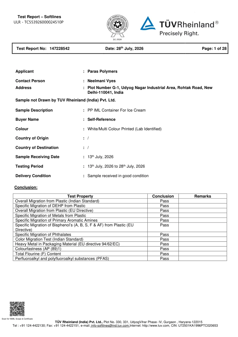 TÜV Rheinland PP IML test report preview