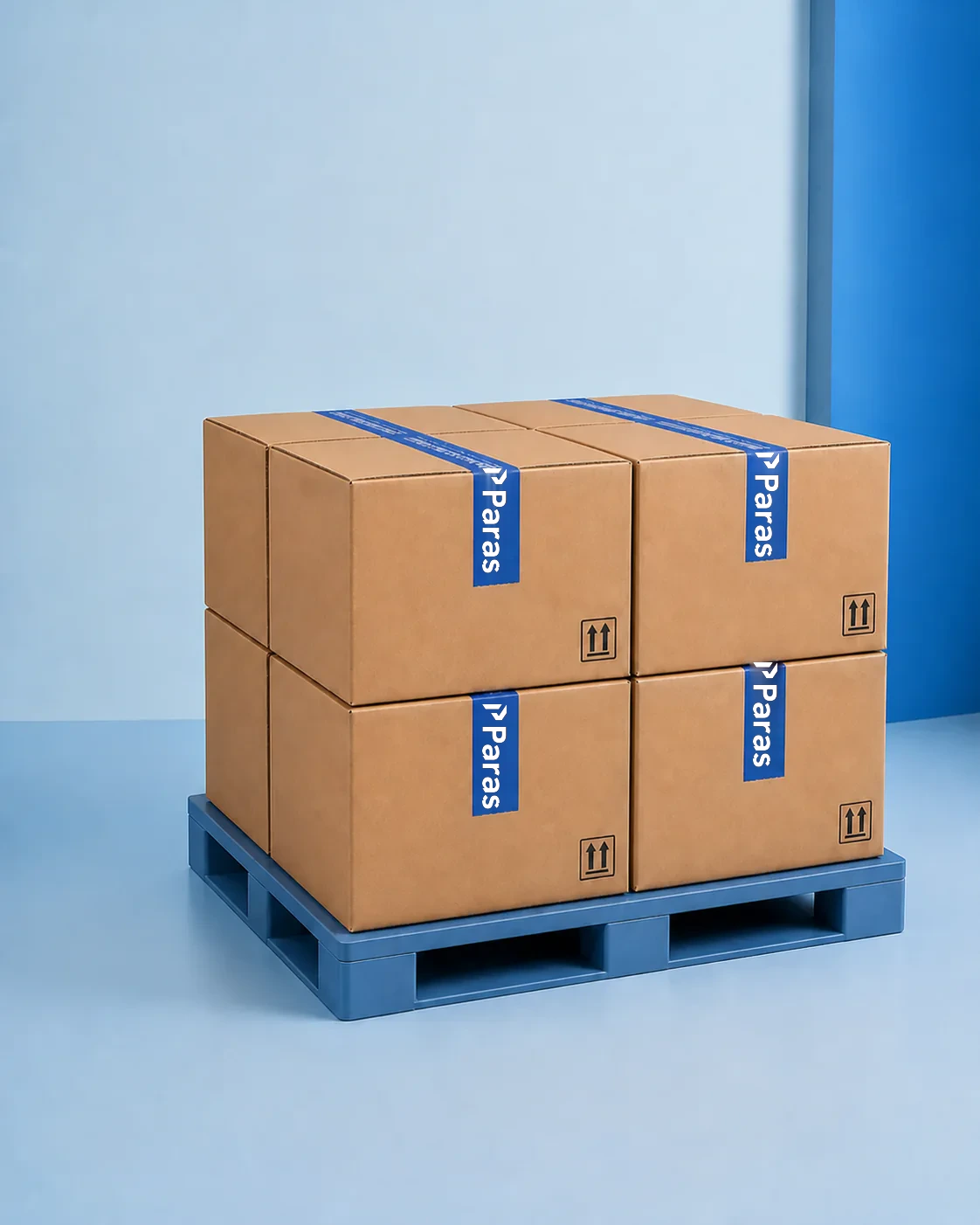Paras export cartons sealed with approved Paras-branded tape and arranged on a pallet