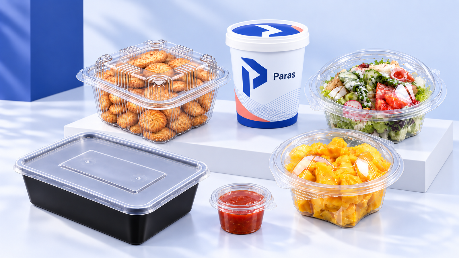 Paras food-packaging collection: bakery clamshell, branded IML container, salad and fruit bowls, sauce cup and PP tray