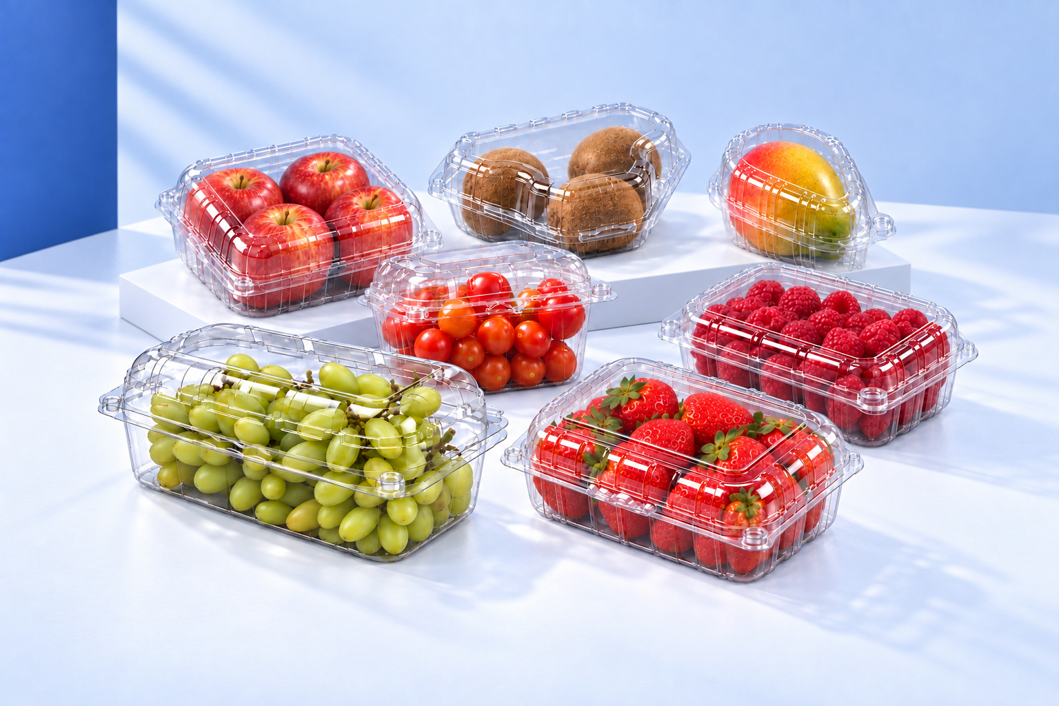 Üzüm, çeri domates, çilek, ahududu, elma, kivi ve mango içeren Paras meyve kapları