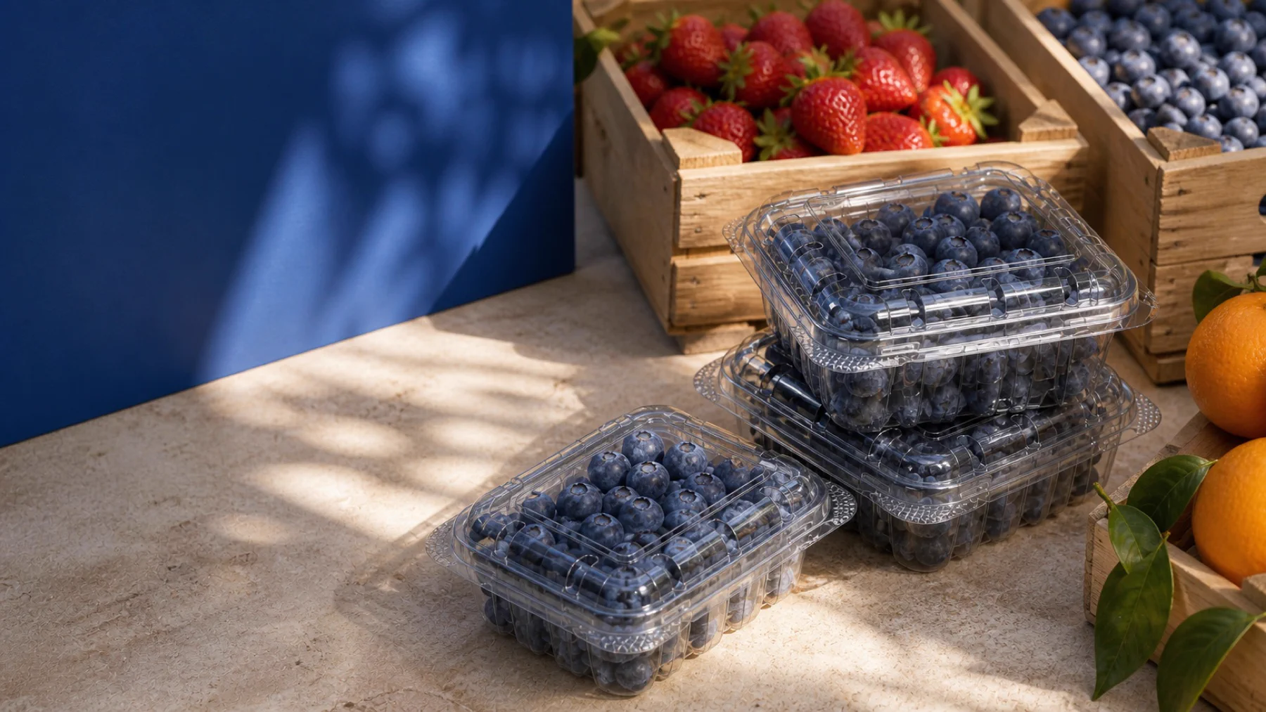 Blueberries packed in clear punnets for fresh produce buyers