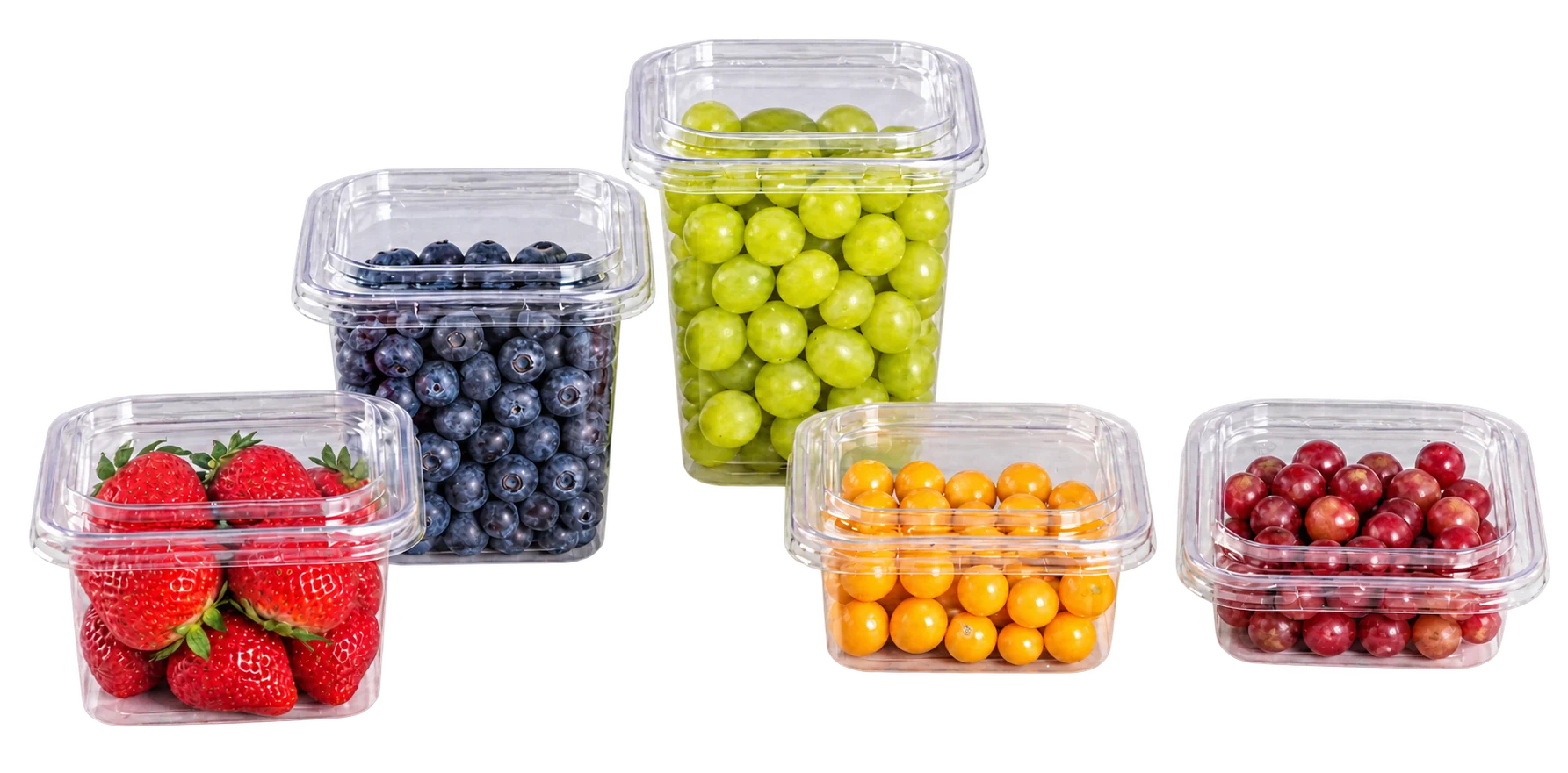 Clear PET square containers filled with fresh strawberries, blueberries and grapes